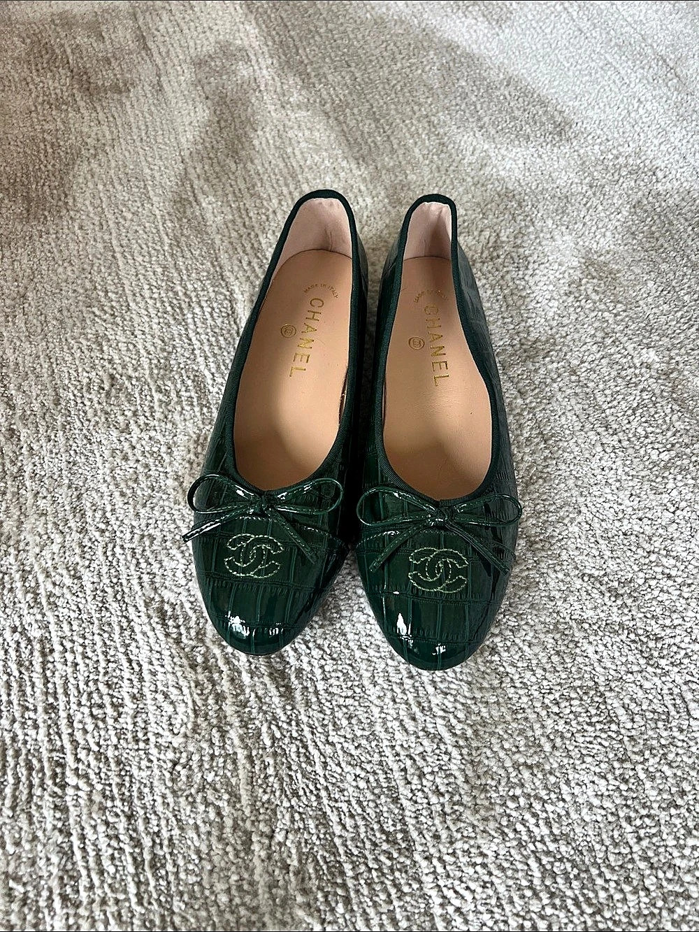 Chanel Crocodile Embossed Patent Calfskin Cap Toe CC Ballerina Flats CC